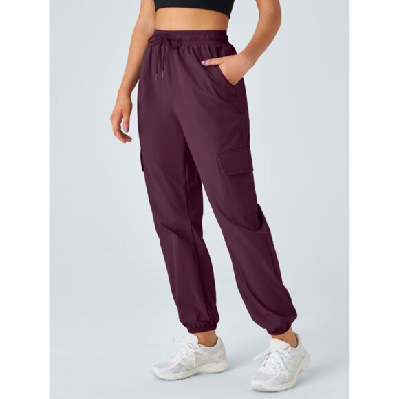 Halara Mid Rise Drawstring Casual Cargo Joggers Sz Small Burgundy with Pockets - Picture 1 of 8